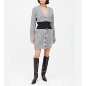 Alexander McQueen Knit Gray Cinch Waist Black Color Block V Neck Sweater Dress M